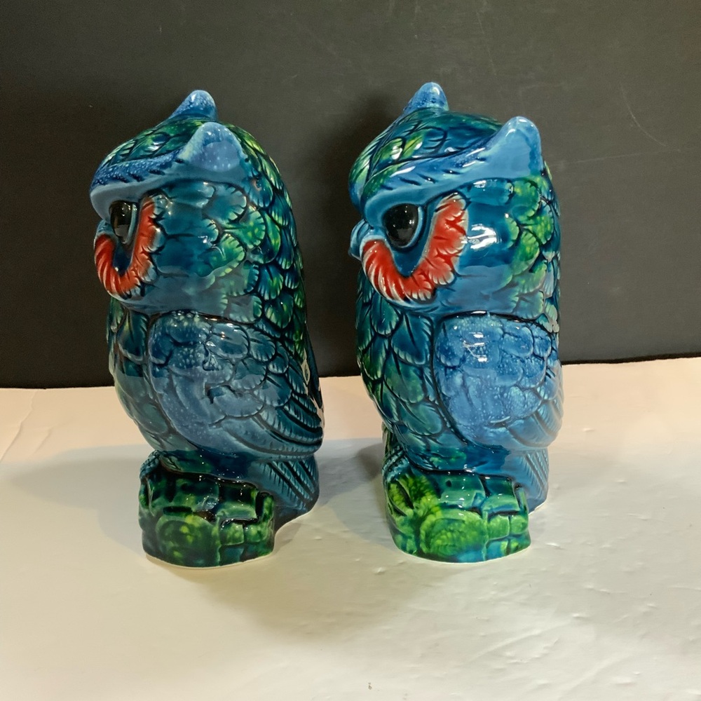 Vintage Tilso Owl Figurines Set 2 Hand Painted on Branch Blue Japan #38 - Picture 2 of 9
